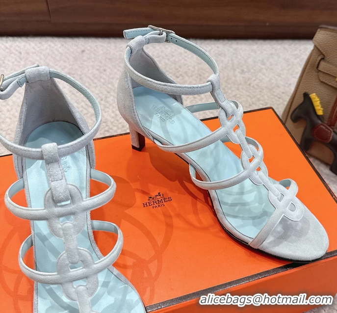 Stylish Hermes Magic High Heel Sandals Shoes Light Blue Suede Goatskin 70MM 6052709