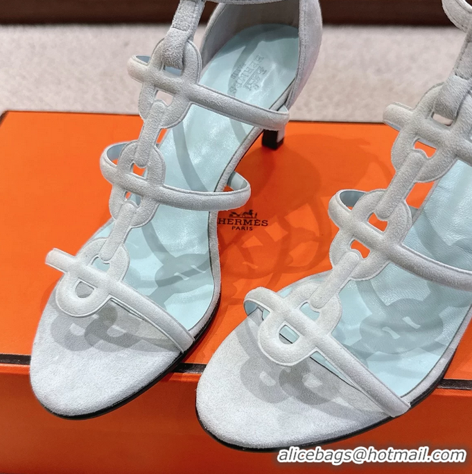 Stylish Hermes Magic High Heel Sandals Shoes Light Blue Suede Goatskin 70MM 6052709