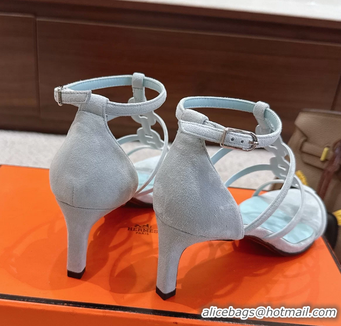 Stylish Hermes Magic High Heel Sandals Shoes Light Blue Suede Goatskin 70MM 6052709