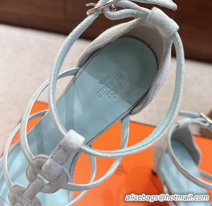 Stylish Hermes Magic High Heel Sandals Shoes Light Blue Suede Goatskin 70MM 6052709