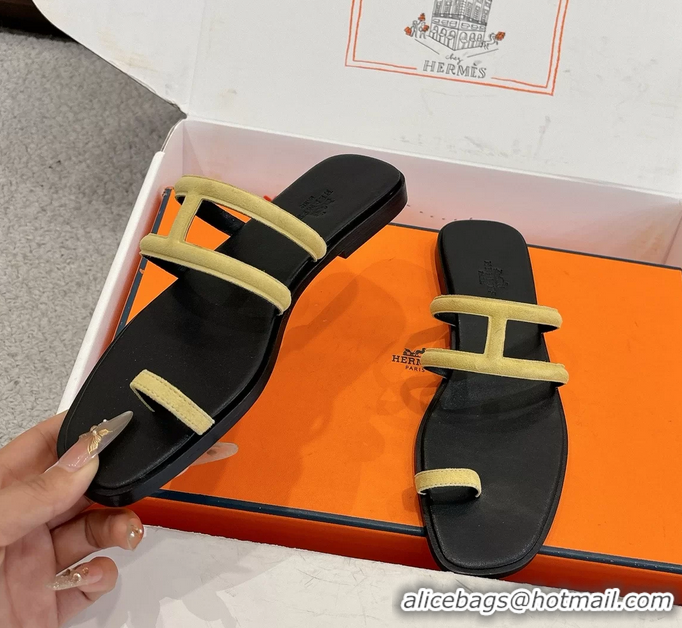 Stylish Hermes Georgia Flat Sandals Yellow Suede Leather 6052710