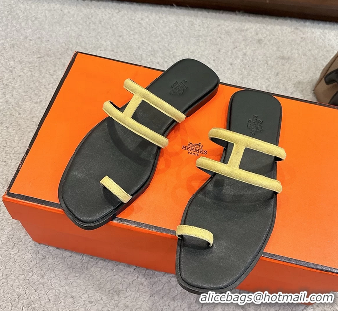 Stylish Hermes Georgia Flat Sandals Yellow Suede Leather 6052710