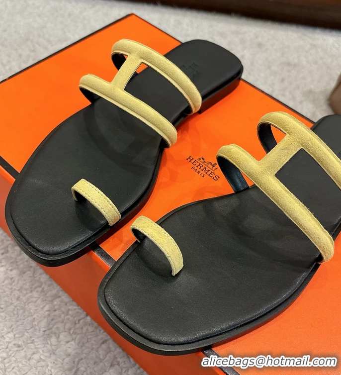 Stylish Hermes Georgia Flat Sandals Yellow Suede Leather 6052710
