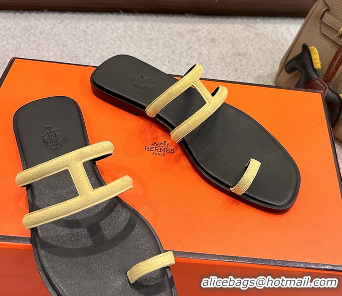 Stylish Hermes Georgia Flat Sandals Yellow Suede Leather 6052710
