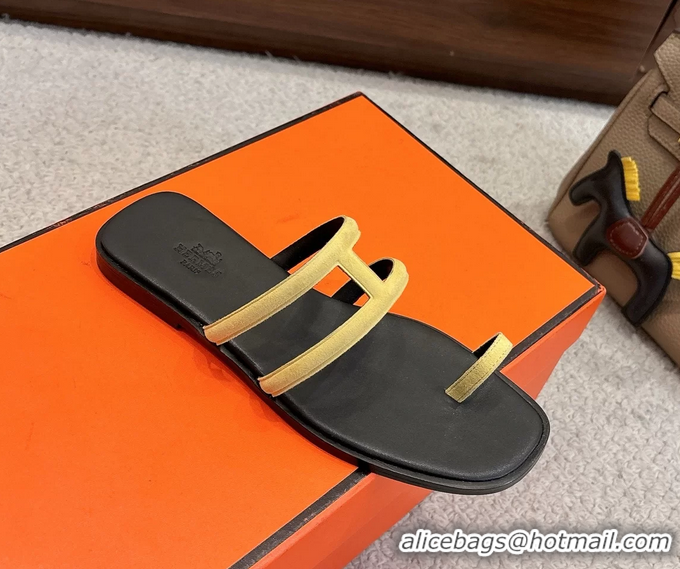 Stylish Hermes Georgia Flat Sandals Yellow Suede Leather 6052710