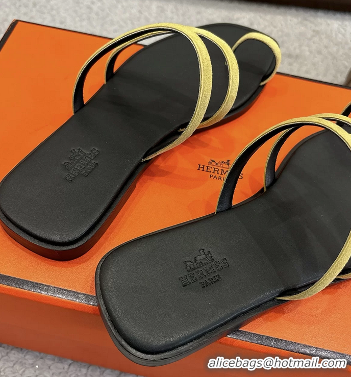 Stylish Hermes Georgia Flat Sandals Yellow Suede Leather 6052710