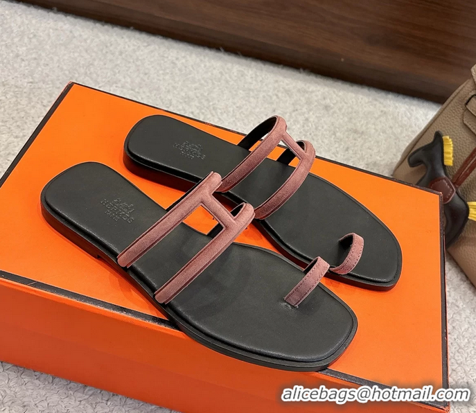 Duplicate Hermes Georgia Flat Sandals Pink Suede Leather 6052710