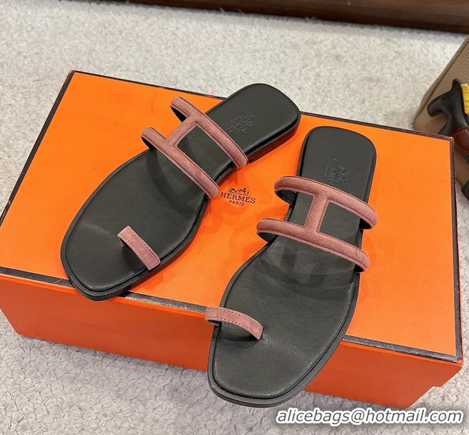 Duplicate Hermes Georgia Flat Sandals Pink Suede Leather 6052710