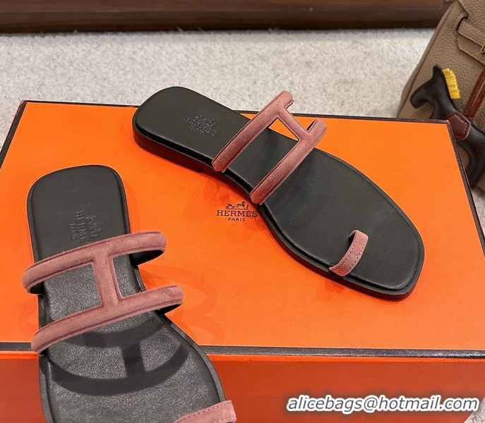 Duplicate Hermes Georgia Flat Sandals Pink Suede Leather 6052710