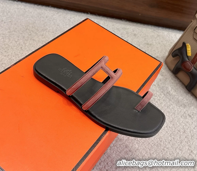 Duplicate Hermes Georgia Flat Sandals Pink Suede Leather 6052710