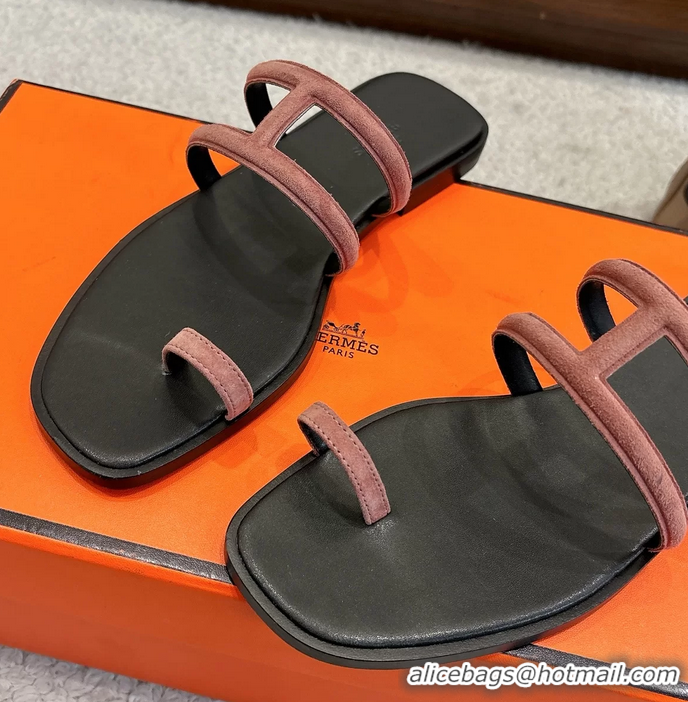 Duplicate Hermes Georgia Flat Sandals Pink Suede Leather 6052710