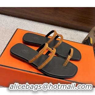 Best Price Hermes Georgia Flat Sandals Light Brown Suede Leather 6052710