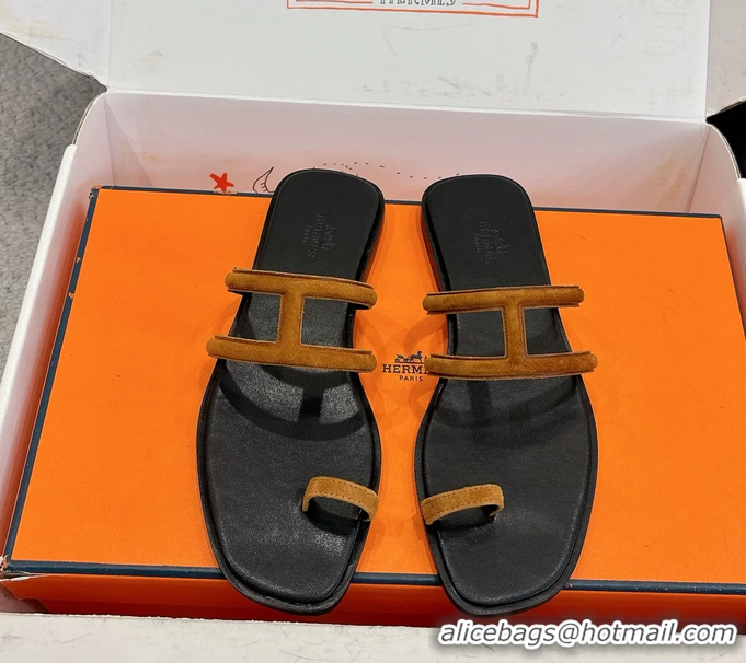 Best Price Hermes Georgia Flat Sandals Light Brown Suede Leather 6052710