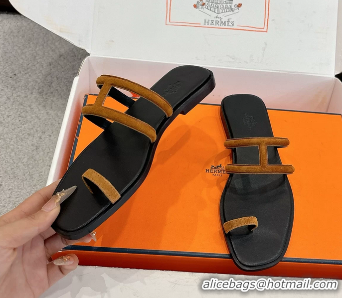 Best Price Hermes Georgia Flat Sandals Light Brown Suede Leather 6052710
