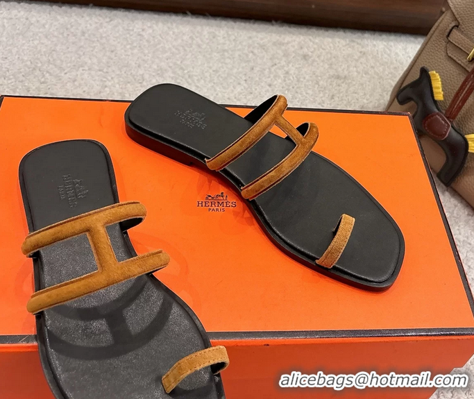 Best Price Hermes Georgia Flat Sandals Light Brown Suede Leather 6052710