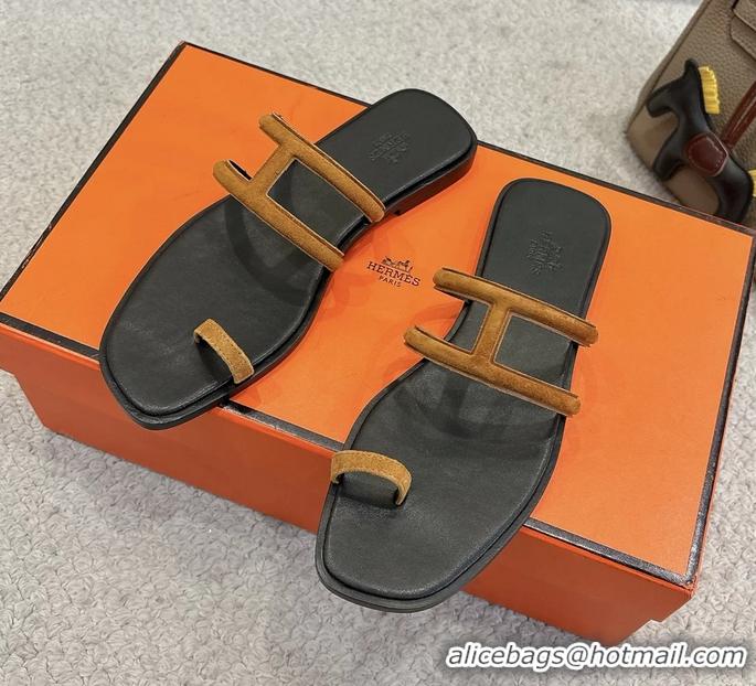 Best Price Hermes Georgia Flat Sandals Light Brown Suede Leather 6052710
