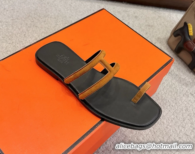 Best Price Hermes Georgia Flat Sandals Light Brown Suede Leather 6052710