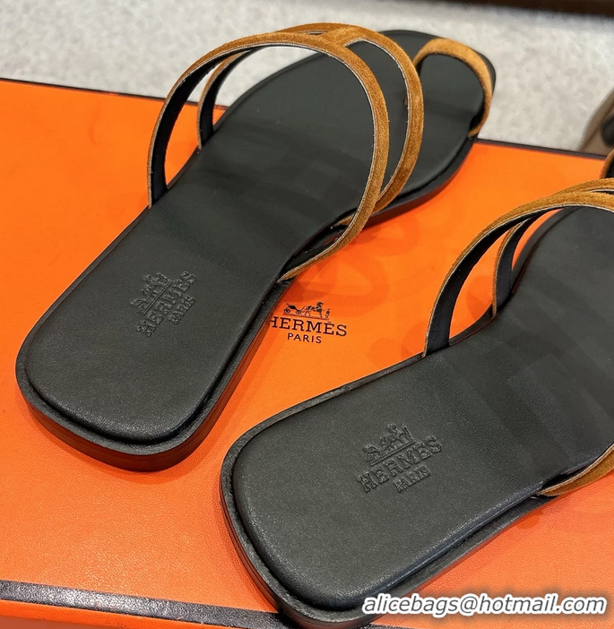 Best Price Hermes Georgia Flat Sandals Light Brown Suede Leather 6052710