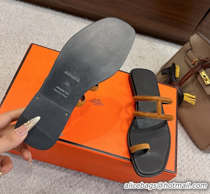 Best Price Hermes Georgia Flat Sandals Light Brown Suede Leather 6052710