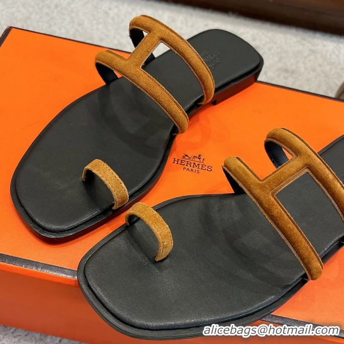 Best Price Hermes Georgia Flat Sandals Light Brown Suede Leather 6052710