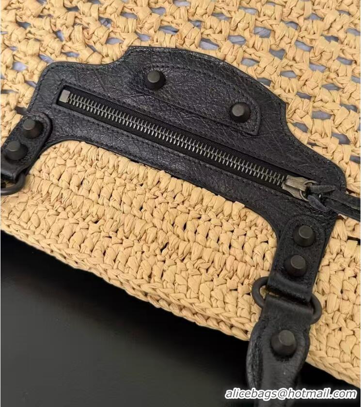 Promotional Balenciaga Womens Le City Basket Medium Tote Bag in Raffia 865012 Beige/Black Brass Hardware