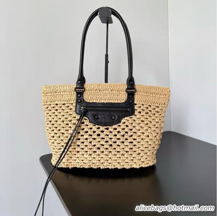 Promotional Balenciaga Womens Le City Basket Medium Tote Bag in Raffia 865012 Beige/Black Brass Hardware