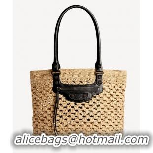 Super Quality Balenciaga Womens Le City Basket Small Tote Bag in Raffia 865013 Beige/Black Brass Hardware