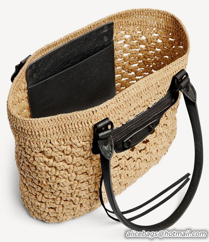 Super Quality Balenciaga Womens Le City Basket Small Tote Bag in Raffia 865013 Beige/Black Brass Hardware