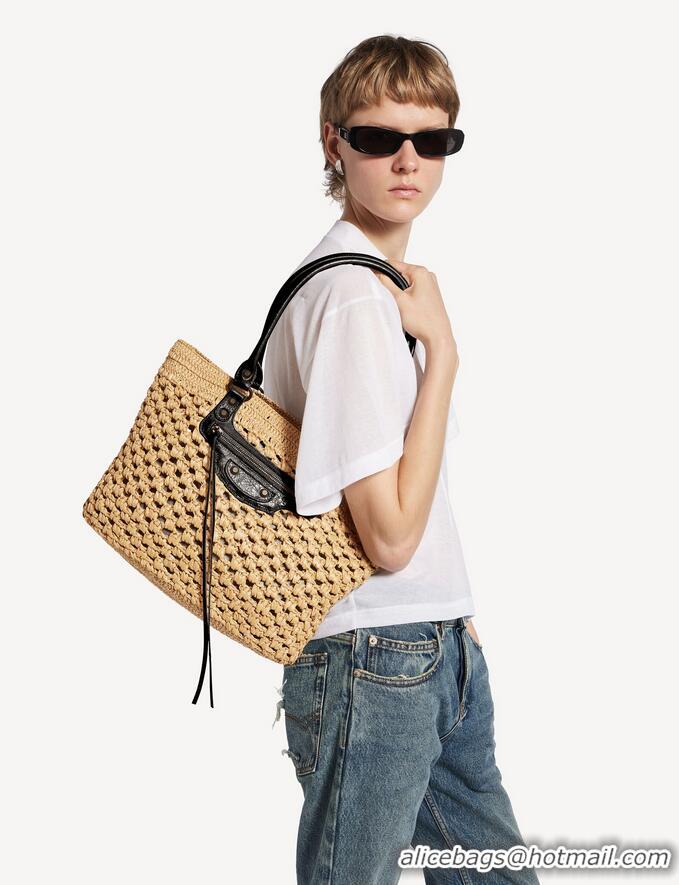 Super Quality Balenciaga Womens Le City Basket Small Tote Bag in Raffia 865013 Beige/Black Brass Hardware