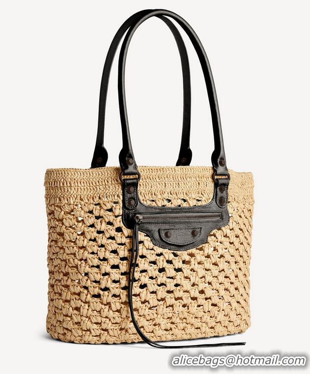 Super Quality Balenciaga Womens Le City Basket Small Tote Bag in Raffia 865013 Beige/Black Brass Hardware