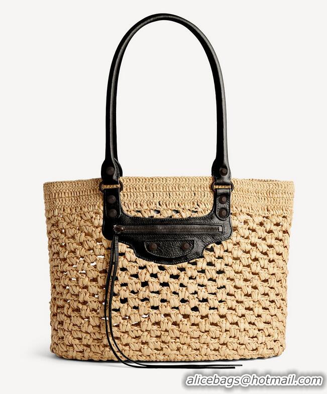 Super Quality Balenciaga Womens Le City Basket Small Tote Bag in Raffia 865013 Beige/Black Brass Hardware