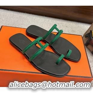 Comfortable Hermes Georgia Flat Sandals Green Suede Leather 6052801