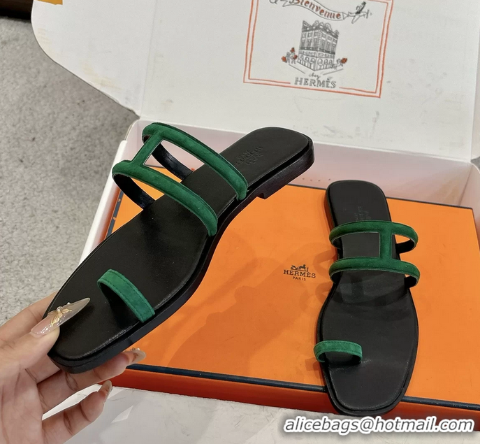 Comfortable Hermes Georgia Flat Sandals Green Suede Leather 6052801
