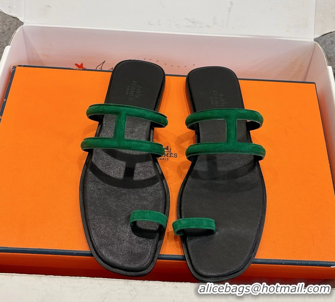 Comfortable Hermes Georgia Flat Sandals Green Suede Leather 6052801