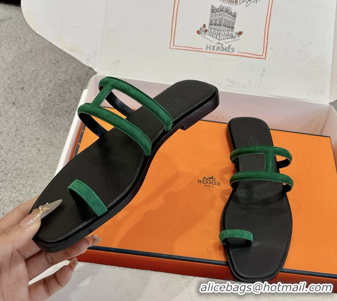 Comfortable Hermes Georgia Flat Sandals Green Suede Leather 6052801