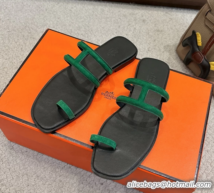 Comfortable Hermes Georgia Flat Sandals Green Suede Leather 6052801