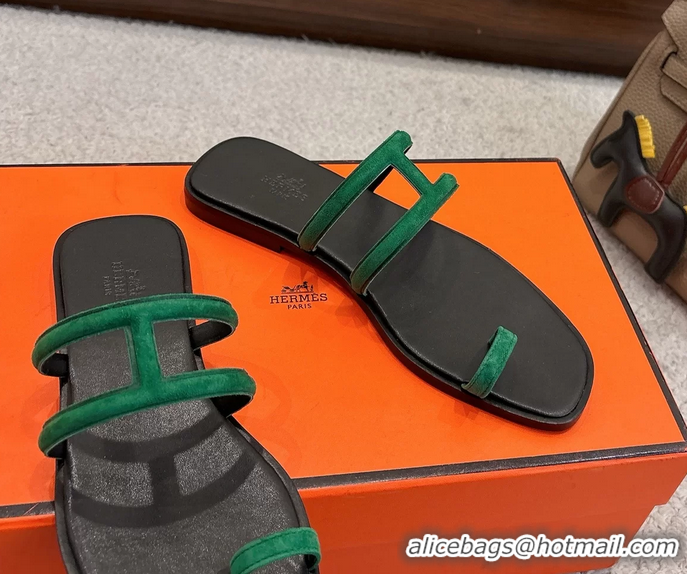 Comfortable Hermes Georgia Flat Sandals Green Suede Leather 6052801