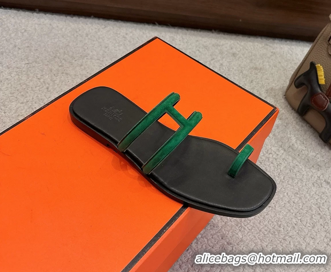 Comfortable Hermes Georgia Flat Sandals Green Suede Leather 6052801