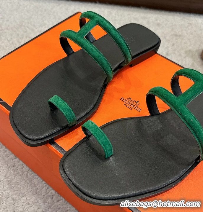 Comfortable Hermes Georgia Flat Sandals Green Suede Leather 6052801