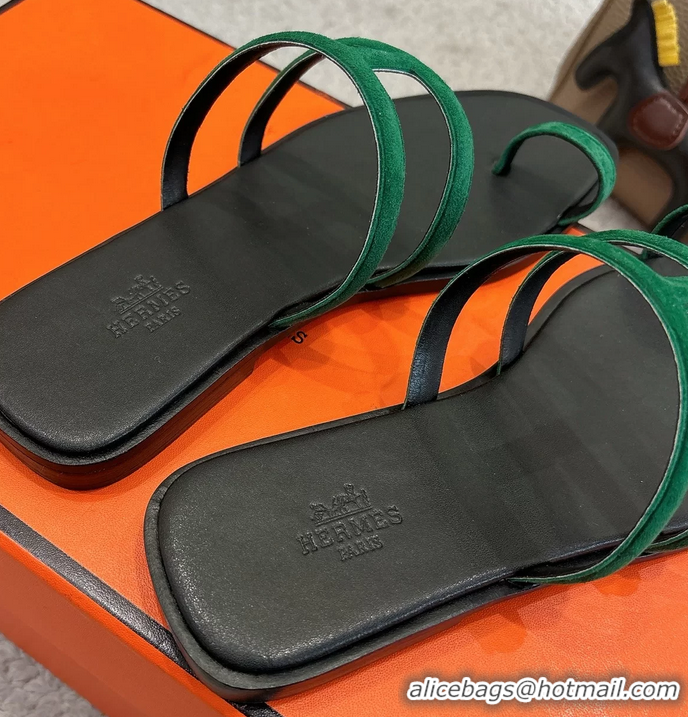 Comfortable Hermes Georgia Flat Sandals Green Suede Leather 6052801