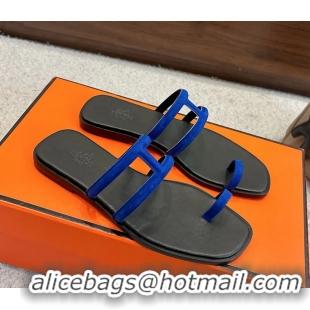 Trendy Design Hermes Georgia Flat Sandals Blue Suede Leather 6052801