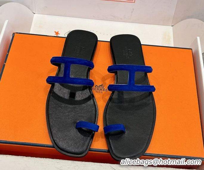 Trendy Design Hermes Georgia Flat Sandals Blue Suede Leather 6052801