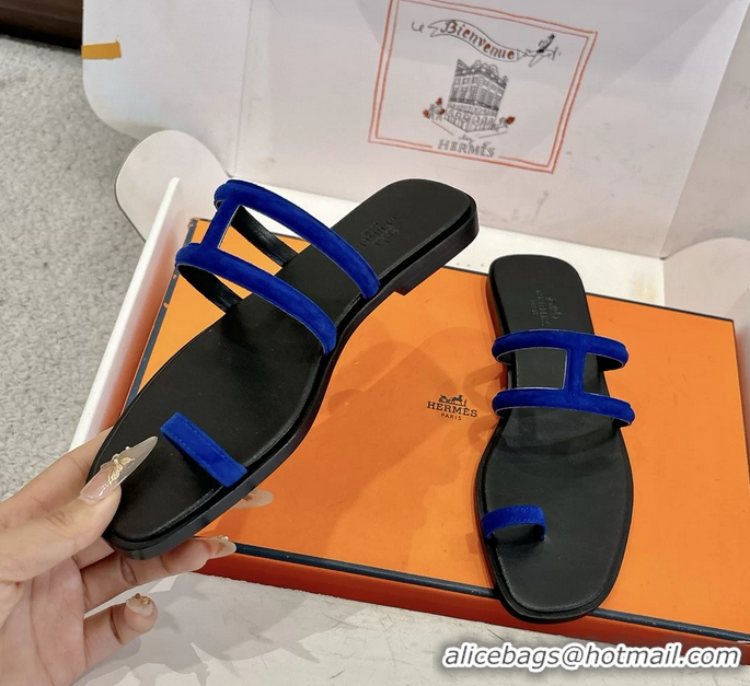 Trendy Design Hermes Georgia Flat Sandals Blue Suede Leather 6052801