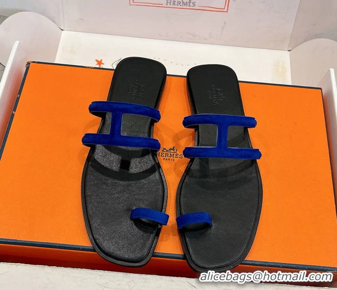 Trendy Design Hermes Georgia Flat Sandals Blue Suede Leather 6052801