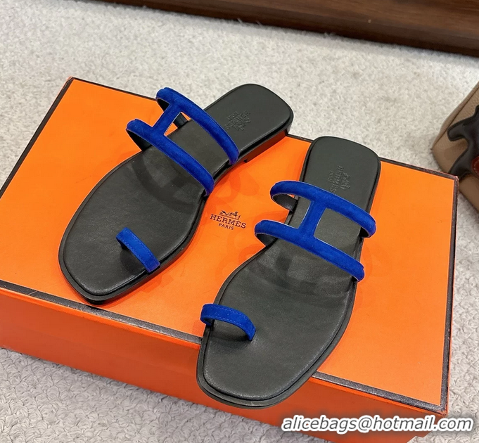 Trendy Design Hermes Georgia Flat Sandals Blue Suede Leather 6052801
