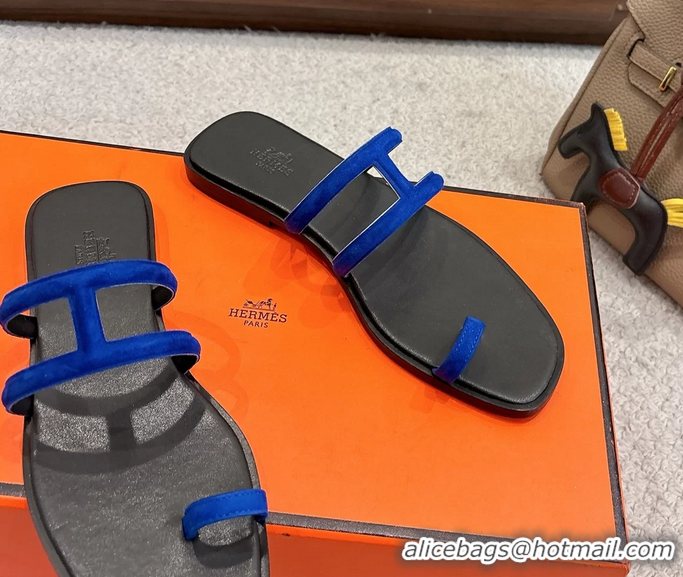 Trendy Design Hermes Georgia Flat Sandals Blue Suede Leather 6052801