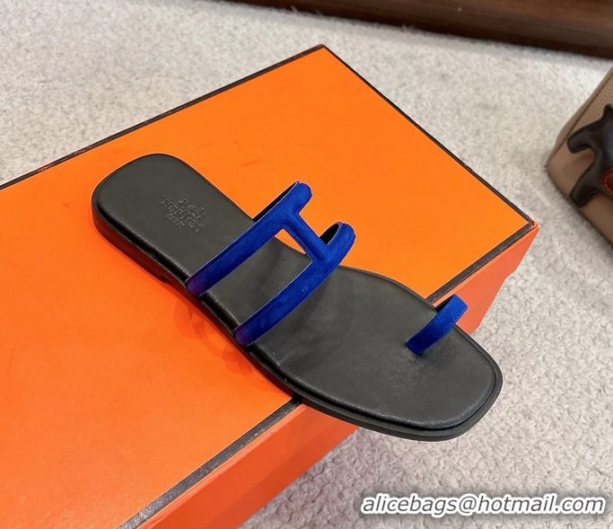 Trendy Design Hermes Georgia Flat Sandals Blue Suede Leather 6052801