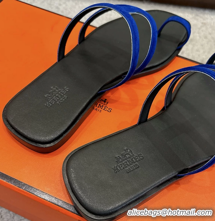 Trendy Design Hermes Georgia Flat Sandals Blue Suede Leather 6052801