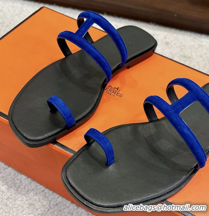 Trendy Design Hermes Georgia Flat Sandals Blue Suede Leather 6052801