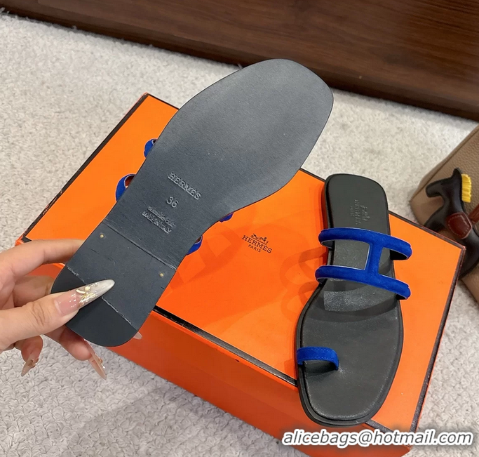 Trendy Design Hermes Georgia Flat Sandals Blue Suede Leather 6052801